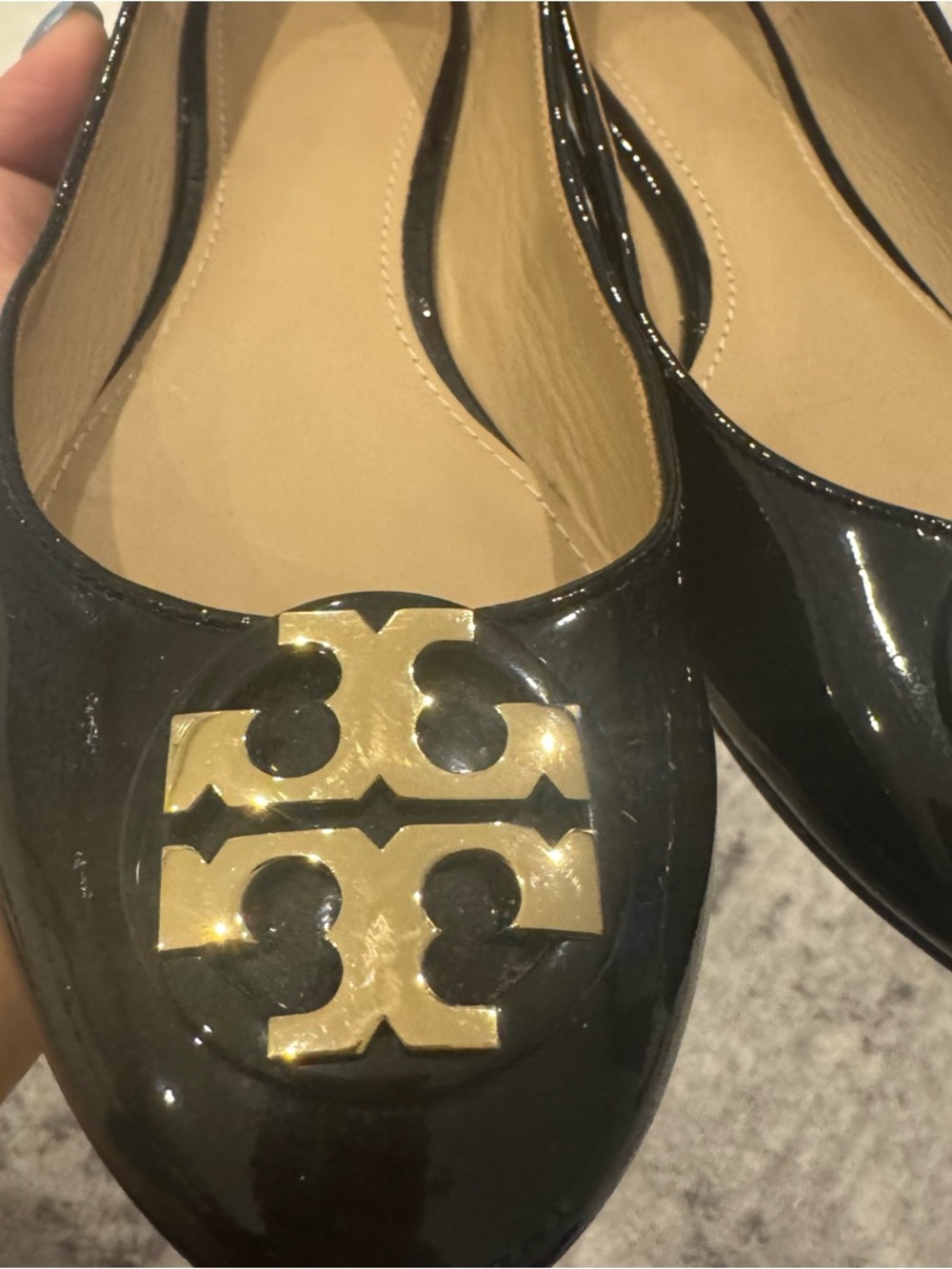 Tory Burch Black Patent Leather Logo Ballet Flats with Gold Emblem - Picture 3 of 8